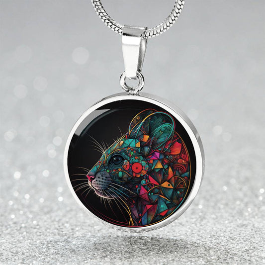 An elegant silver pendant multicolored Chinese Zodiac Rat Necklace. This jewelry offers personalization with an engraving option for a name.