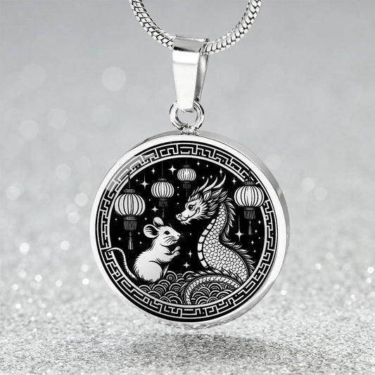 An Elegant silver pendant featuring a Year of the Rat and Year of The Dragon Necklace in silver and black. This jewelry offers personalization with an engraving option for a name.