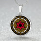 An Elegant silver pendant featuring a Vintage Design with a vivid Red Star of David Necklace, set against a gold, silver and black backdrop. This jewelry offers personalization with an engraving option for a name.