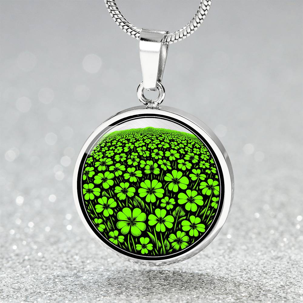 Elegant silver pendant necklace featuring a vivid Green Clover Field set against a silver & black backdrop. This necklace offers personalization with an engraving option for a name.