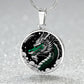 an Elegant silver pendant Chinese Dragon necklace featuring a vivid Jade dragon with stars and clouds set against a black backdrop. This jewelry offers personalization with an engraving option for a name.