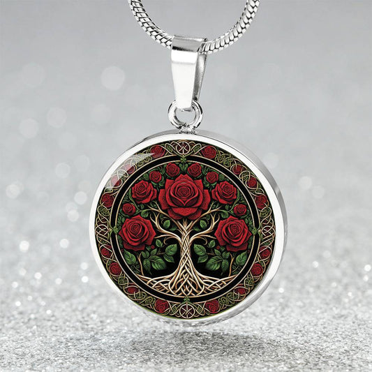 an elegant silver pendant Rose Tree of Life Necklace. The Colors are red, green, white and black. This jewelry offers personalization with an engraving option for a name.