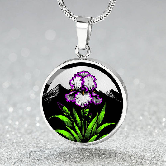 Februarys birth month flower Elegant silver pendant featuring a vivid Purple Iris Necklace set against a Green Grass, Silver moon and mountains background. This necklace offers personalization option for a name.