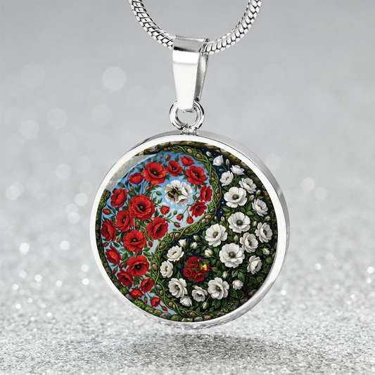 Poppy Yin Yang Necklace - August Birth Month Flower Pendant Jewelry