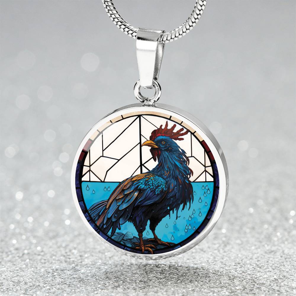 An Elegant silver pendant featuring a Chinese Zodiac Rooster Necklace. The colors are blue, white, tan, red, yellow, brown. This jewelry offers personalization with an engraving option for a name.