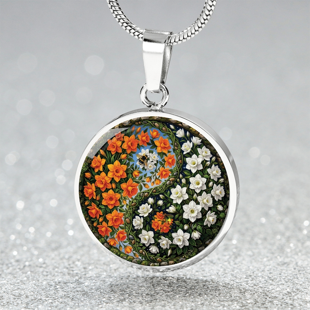 Daffodil Yin Yang Necklace - March Birth Month Flower Pendant Jewelry