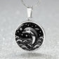 Elegant silver pendant featuring a vivid Silver Dolphin Necklace with a Stars and Ocean Waves set against a silver and black backdrop. This jewelry offers personalization with an engraving option for a name.