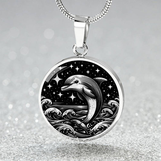 Elegant silver pendant featuring a vivid Silver Dolphin Necklace with a Stars and Ocean Waves set against a silver and black backdrop. This jewelry offers personalization with an engraving option for a name.