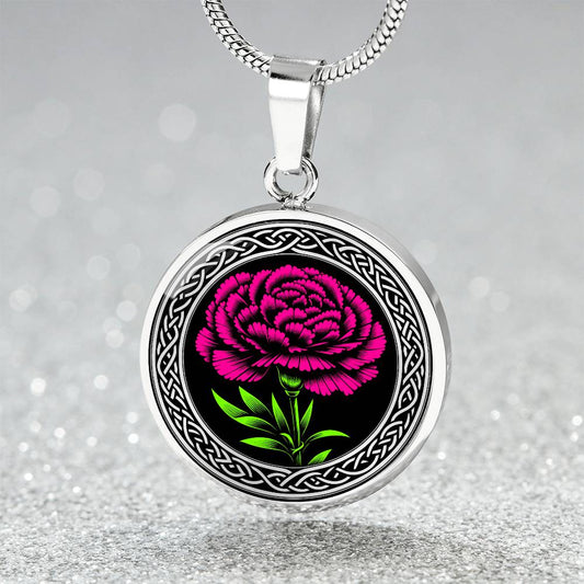 an Elegant January Silver pendant Celtic Carnation Birth Flower necklace featuring a vivid pink, green flower, set against a Silver & black backdrop. This jewelry offers personalization with an engraving option for a name.