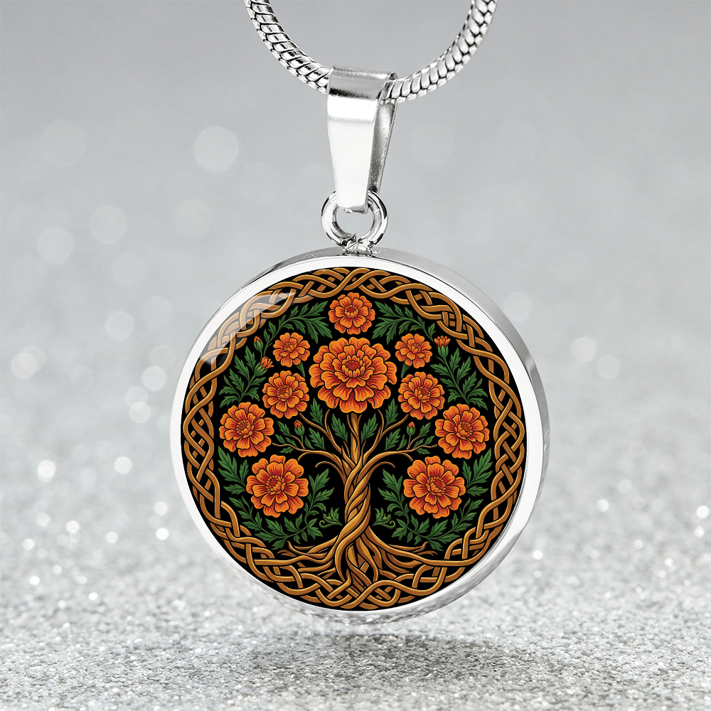 Celtic Tree of Life Pendant Necklace - Marigold October Birth Flower Jewelry