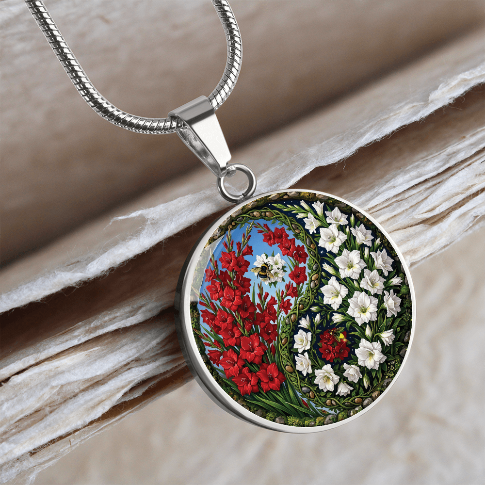 Gladiolus Yin Yang Necklace - August Birth Month Flower Pendant Jewelry
