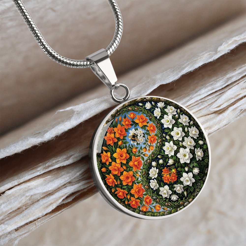 Daffodil Yin Yang Necklace - March Birth Month Flower Pendant Jewelry