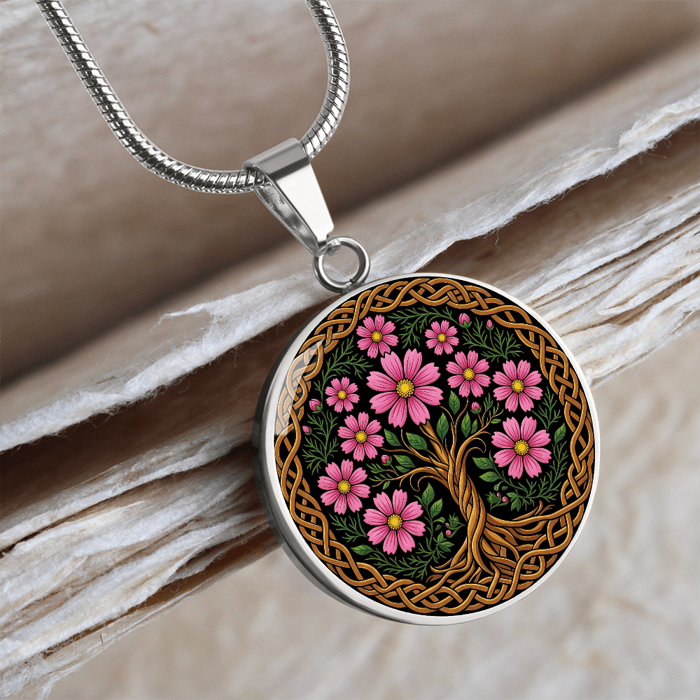 Celtic Tree of Life Pendant Necklace - Cosmos October Birth Flower Jewelry