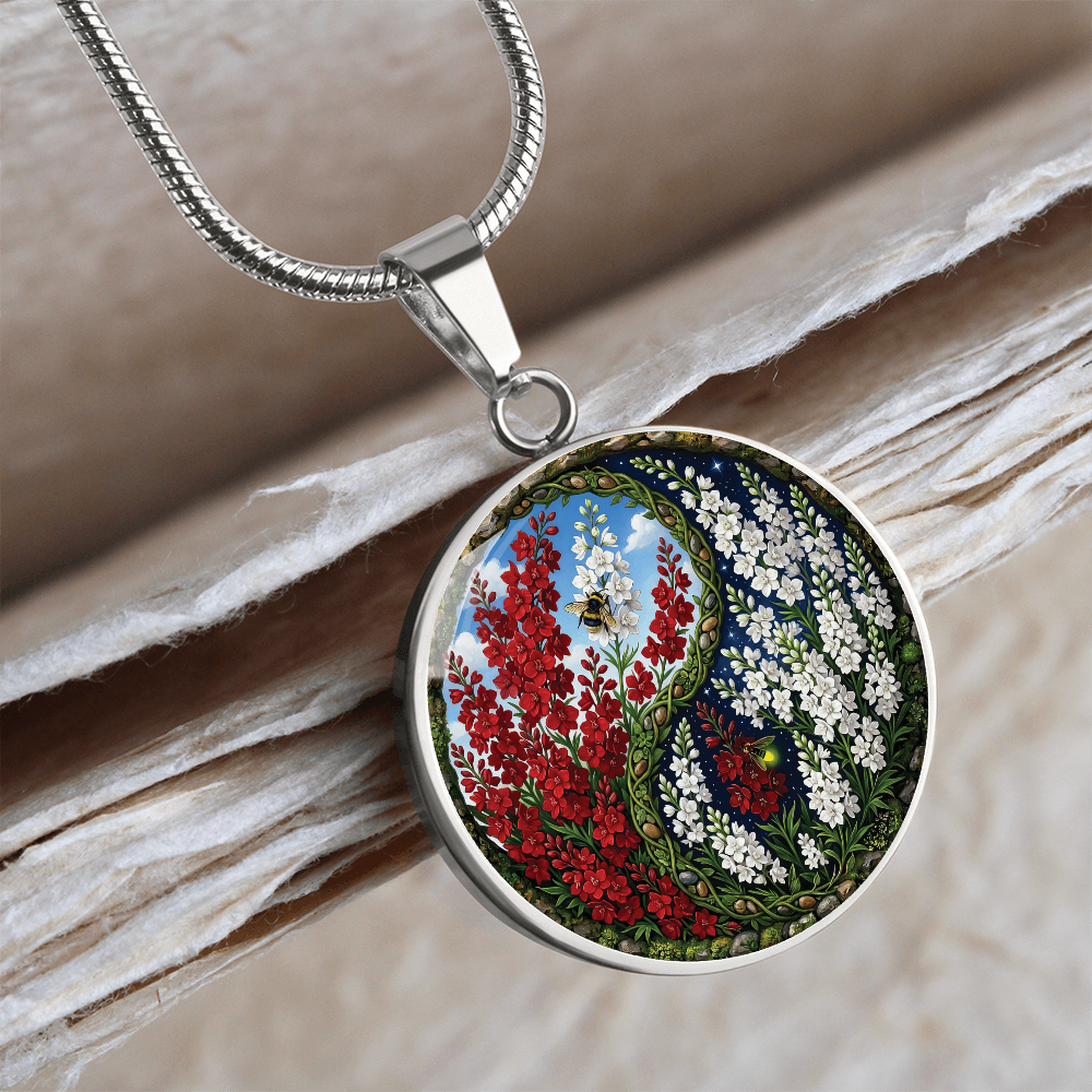 Larkspur Yin Yang Necklace - July Birth Month Flower Pendant Jewelry