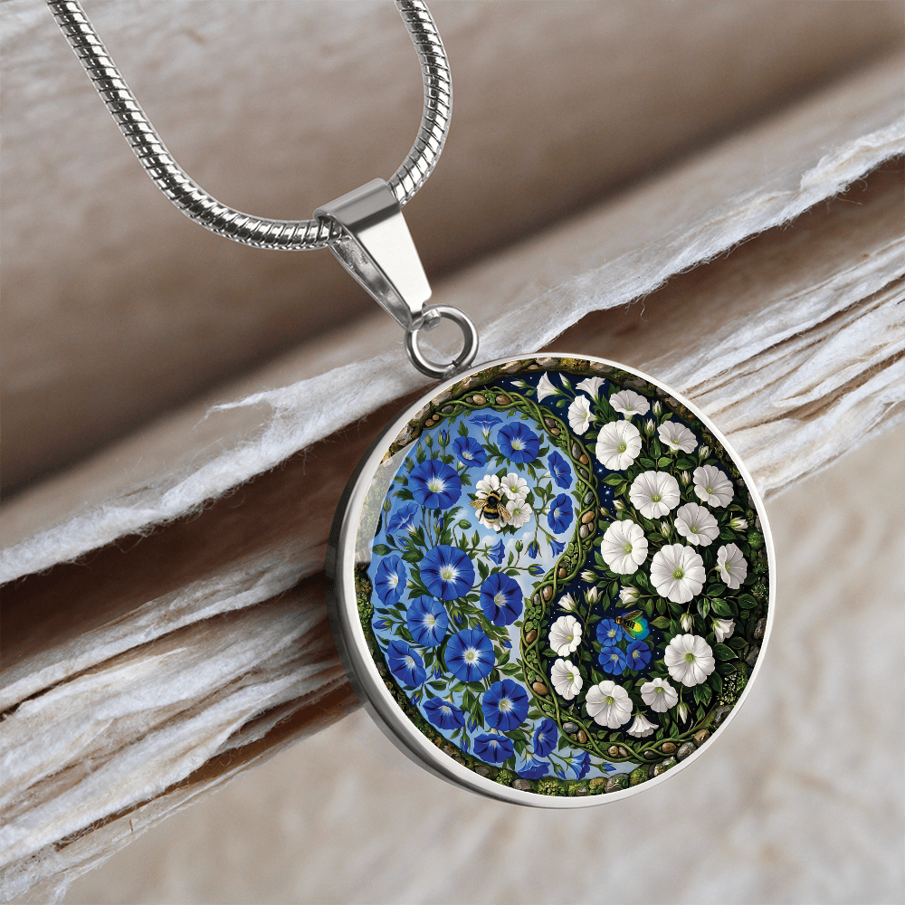 Morning Glory Yin Yang Necklace - September Birth Month Flower Pendant Jewelry
