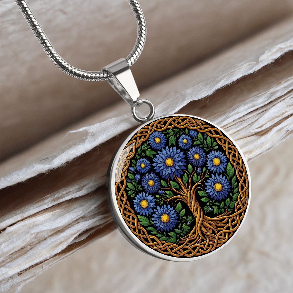 Celtic Tree of Life Pendant Necklace - Aster September Birth Flower Jewelry