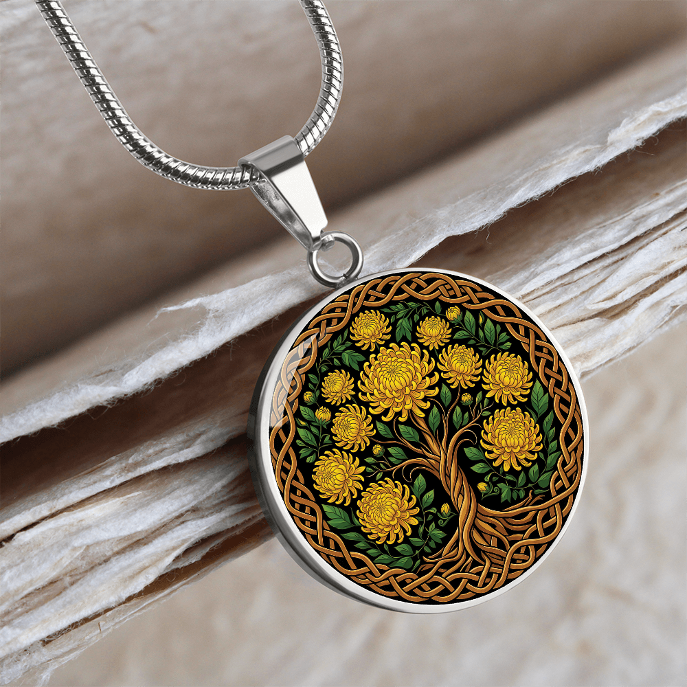 Celtic Tree of Life Pendant Necklace - Chrysanthemum November Birth Flower Jewelry