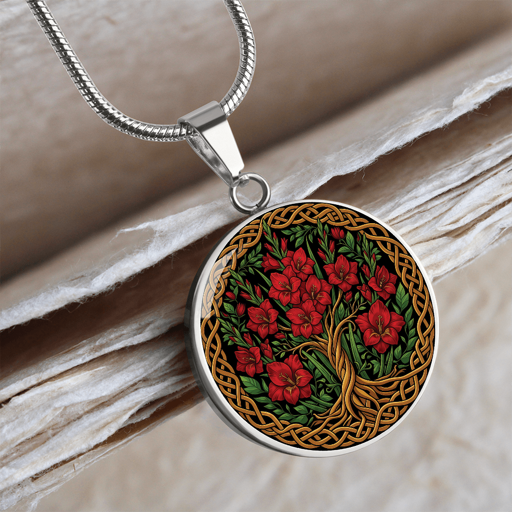 Celtic Tree of Life Pendant Necklace - Gladiolus August Birth Flower Jewelry