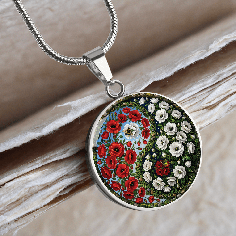 Poppy Yin Yang Necklace - August Birth Month Flower Pendant Jewelry