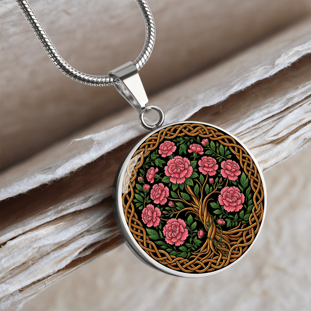 Celtic Tree of Life Pendant Necklace - Carnation January Birth Flower Jewelry
