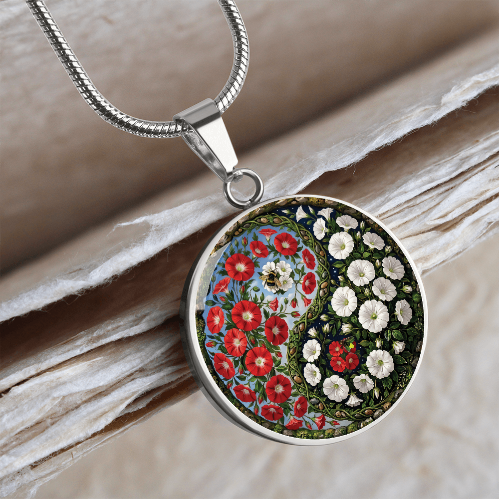 Red and White Morning Glory Yin Yang Necklace - September Birth Month Flower Pendant Jewelry