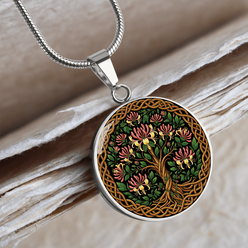 Celtic Tree of Life Pendant Necklace - Honeysuckle June Birth Flower Jewelry