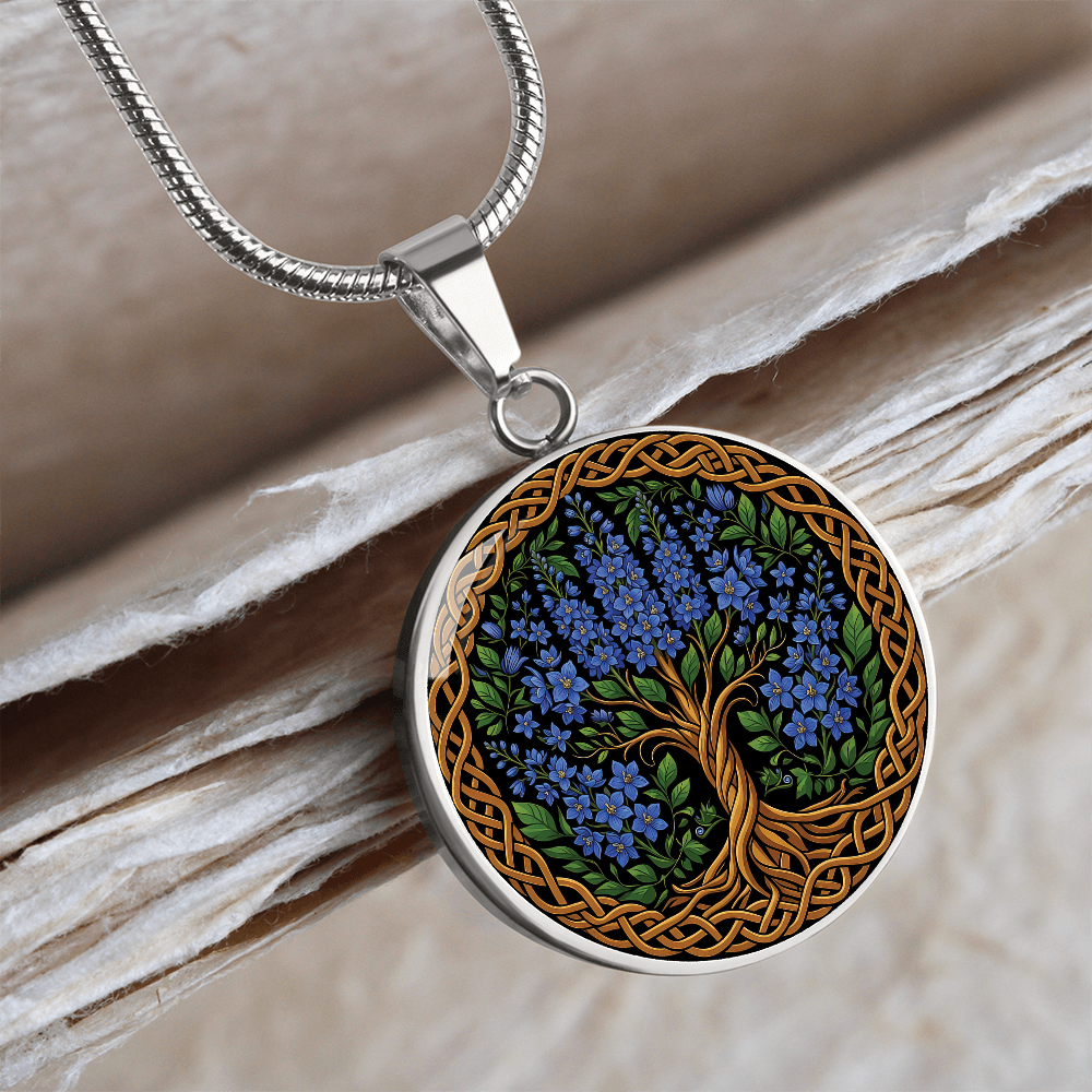 Celtic Tree of Life Pendant Necklace - Larkspur July Birth Flower Jewelry