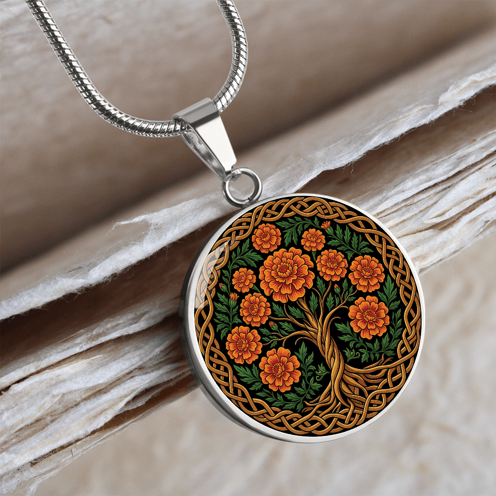 Celtic Tree of Life Pendant Necklace - Marigold October Birth Flower Jewelry