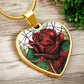 Elegant gold pendant featuring a vivid red Rose, June's birth month flower, set against a subtle stained glass backdrop. This necklace offers personalization with an engraving option for a name.