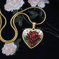 Elegant gold pendant featuring a vivid red Rose, June's birth month flower, set against a subtle stained glass backdrop. This necklace offers personalization with an engraving option for a name.