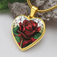Elegant gold pendant featuring a vivid red Rose, June's birth month flower, set against a subtle stained glass backdrop. This necklace offers personalization with an engraving option for a name.