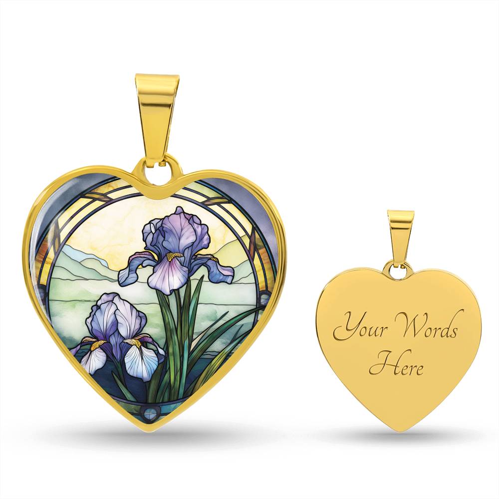 Gold Heart Pendant Purple Iris flower necklace, With green grass, a Yellow sunset and Green mountains. This necklace offers personalization option for a name.