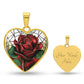 Elegant gold pendant featuring a vivid red Rose, June's birth month flower, set against a subtle stained glass backdrop. This necklace offers personalization with an engraving option for a name.
