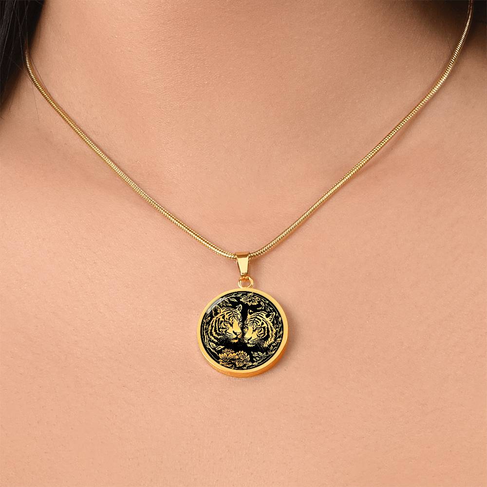 Woman wearing an elegant gold pendant Year of the Tiger Necklace. The colors are gold and black. This jewelry offers personalization with an engraving option for a name.