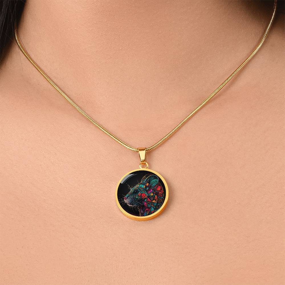 Woman wearing an elegant gold pendant multicolored Chinese Zodiac Rat Necklace. This jewelry offers personalization with an engraving option for a name.