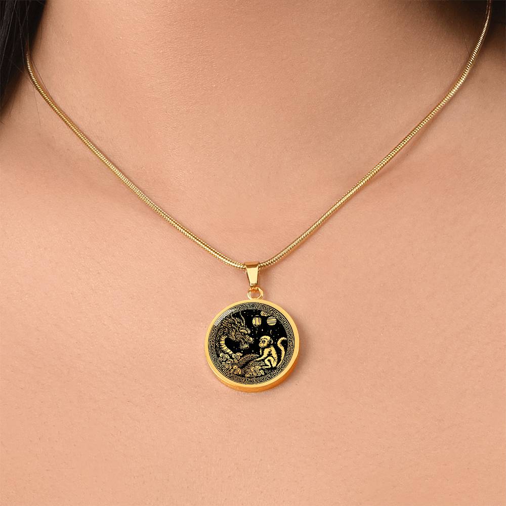 Woman wearing An Elegant gold pendant featuring a Year of the Monkey and Year of The Dragon Necklace in gold and black. This jewelry offers personalization with an engraving option for a name.