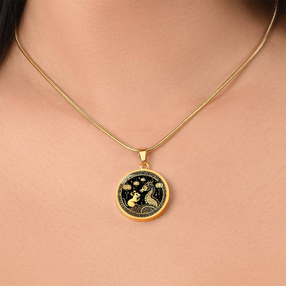 Woman wearing An Elegant gold pendant featuring a Year of the Rat and Year of The Dragon Necklace in gold and black. This jewelry offers personalization with an engraving option for a name.