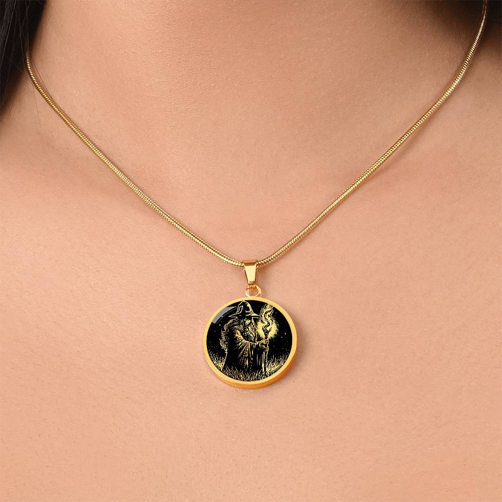 Woman wearing An Elegant gold pendant featuring a Fantasy Wizard Necklace in gold and black. This jewelry offers personalization with an engraving option for a name.