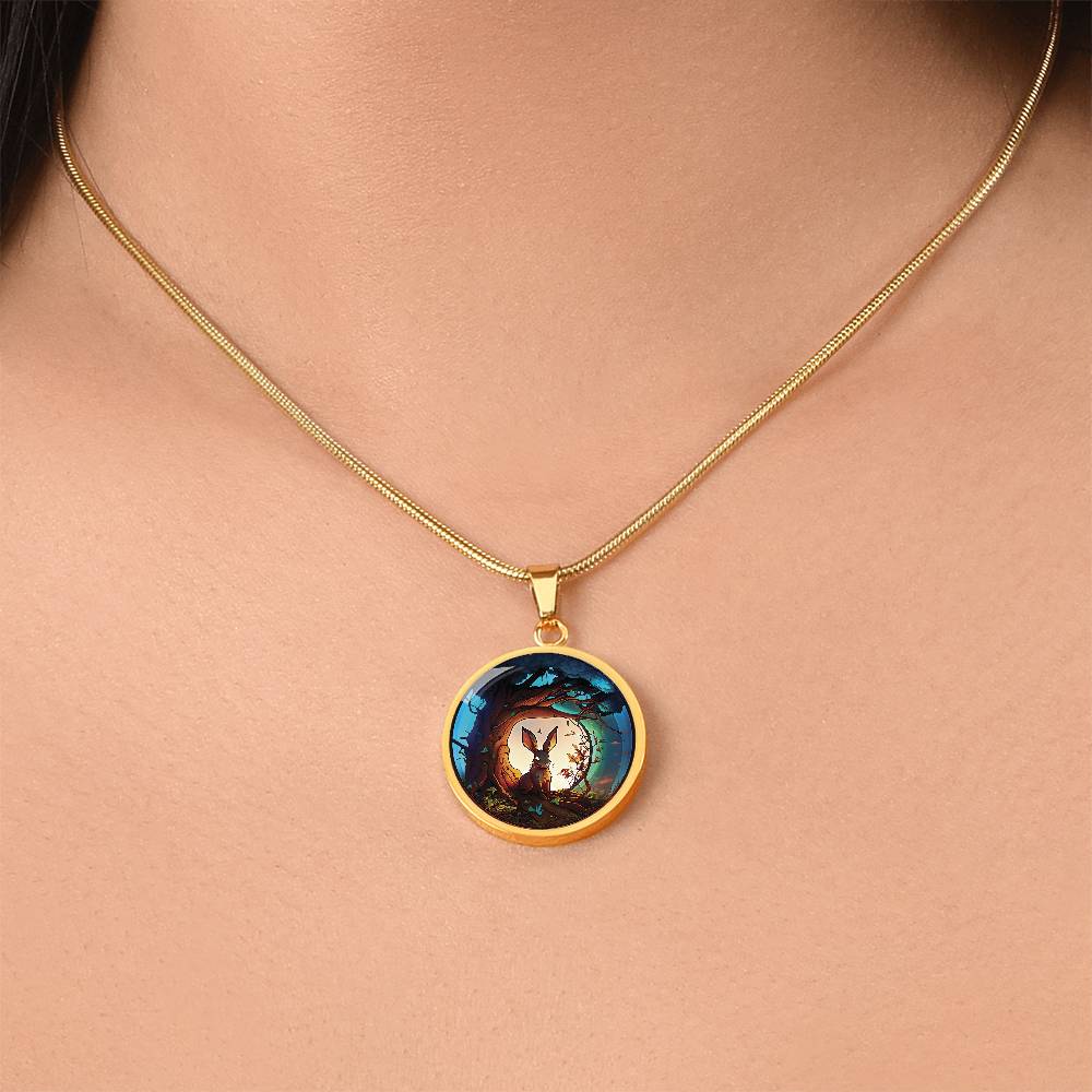 Woman wearing an elegant gold pendant Wood Rabbit Necklace. The Colors are brown, white, green, blue, yellow and red. This jewelry offers personalization with an engraving option for a name.