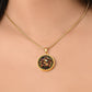 Woman wearing an Elegant gold pendant Year of the Rabbit and Year of the Dragon Necklace. The colors are yellow, Red and Black . This jewelry offers personalization with an engraving option for a name.