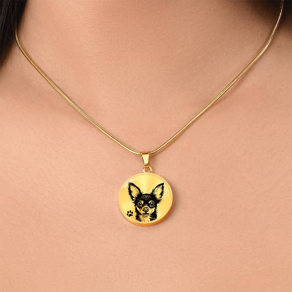 Women wearing An Elegant gold pendant Chihuahua Dog Necklace. The Chihuahua Design is in Gold and Black with a black paw print. This jewelry offers personalization with an engraving option for a name.