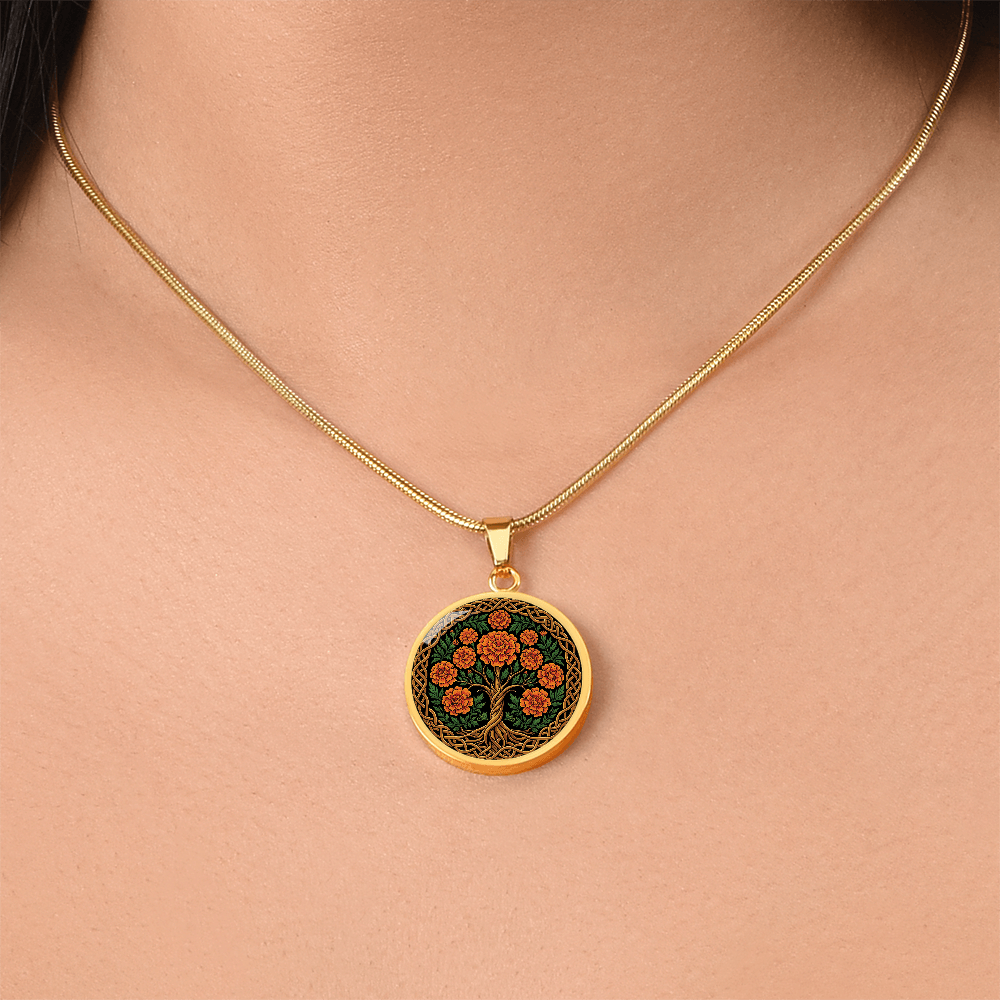 Celtic Tree of Life Pendant Necklace - Marigold October Birth Flower Jewelry