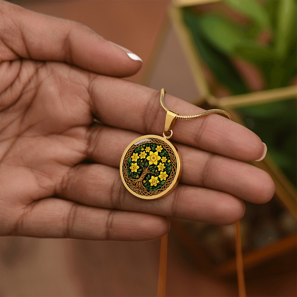 Celtic Tree of Life Pendant Necklace - Daffodil March Birth Flower Jewelry