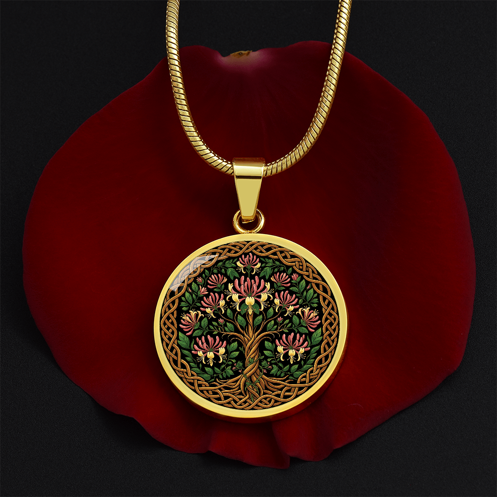 Celtic Tree of Life Pendant Necklace - Honeysuckle June Birth Flower Jewelry