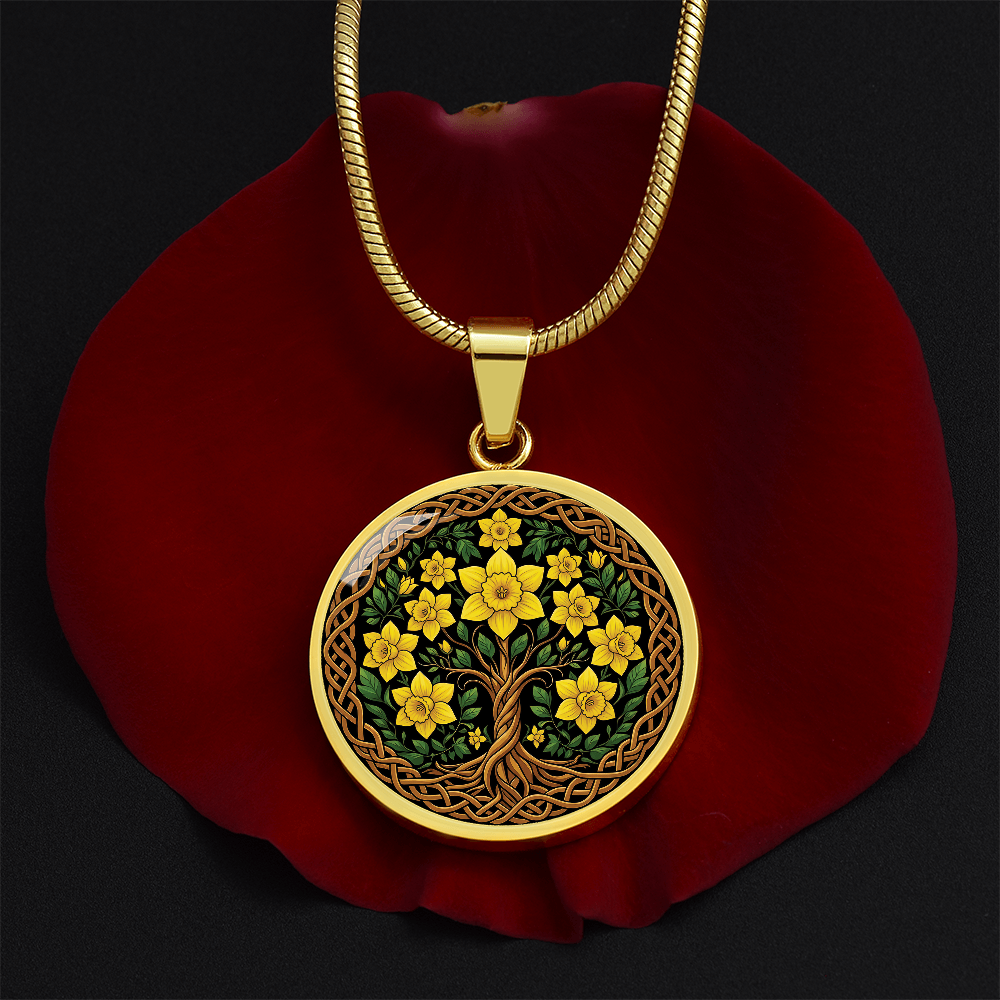 Celtic Tree of Life Pendant Necklace - Daffodil March Birth Flower Jewelry