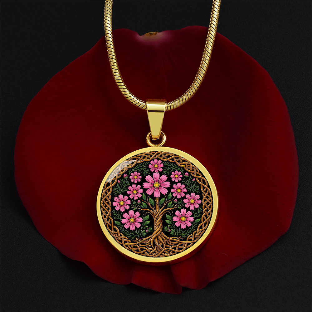 Celtic Tree of Life Pendant Necklace - Cosmos October Birth Flower Jewelry