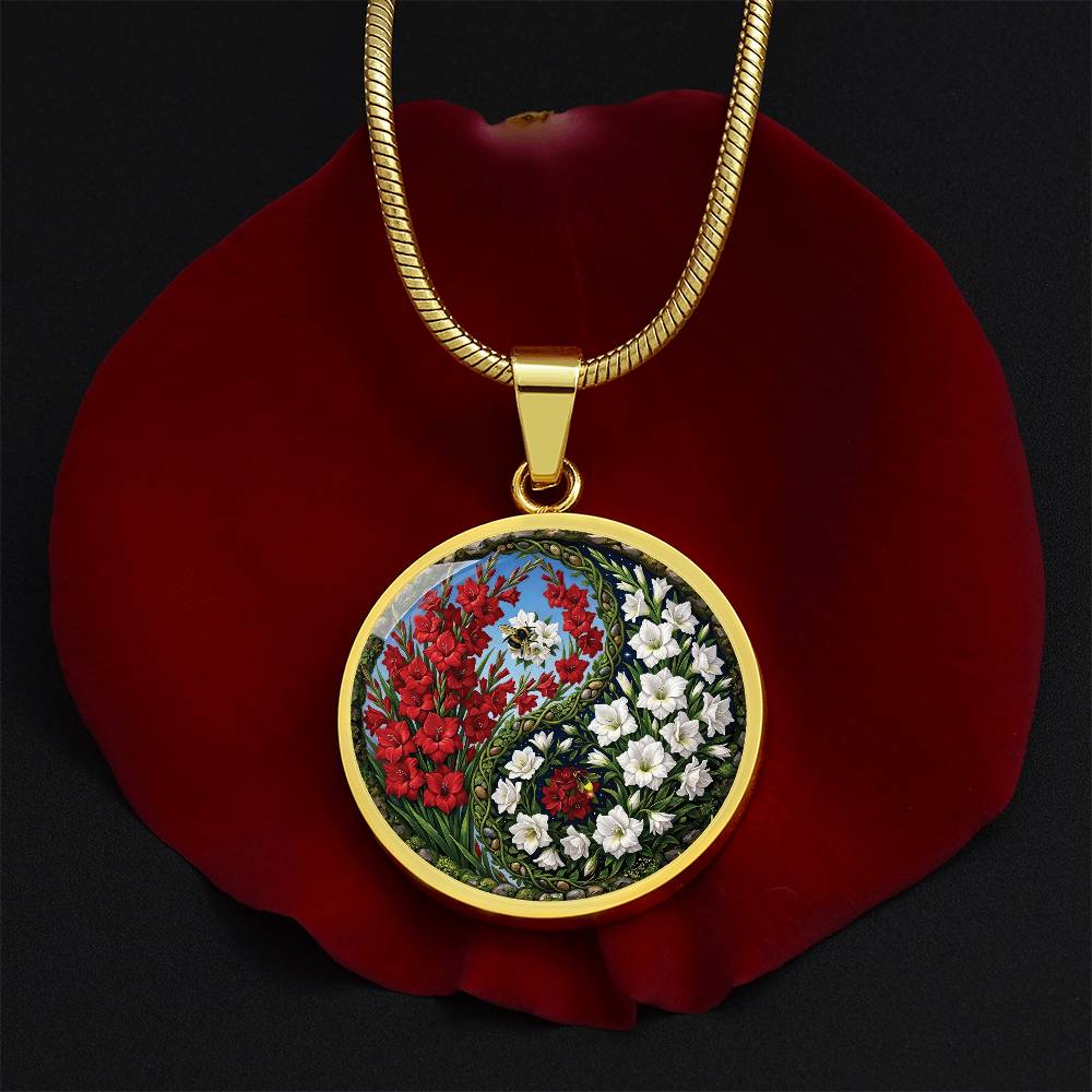 Gladiolus Yin Yang Necklace - August Birth Month Flower Pendant Jewelry