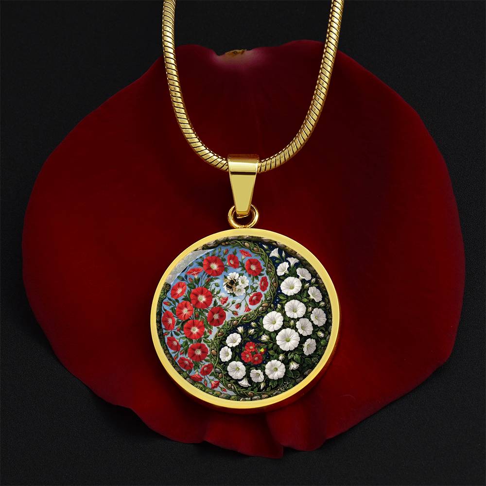 Red and White Morning Glory Yin Yang Necklace - September Birth Month Flower Pendant Jewelry