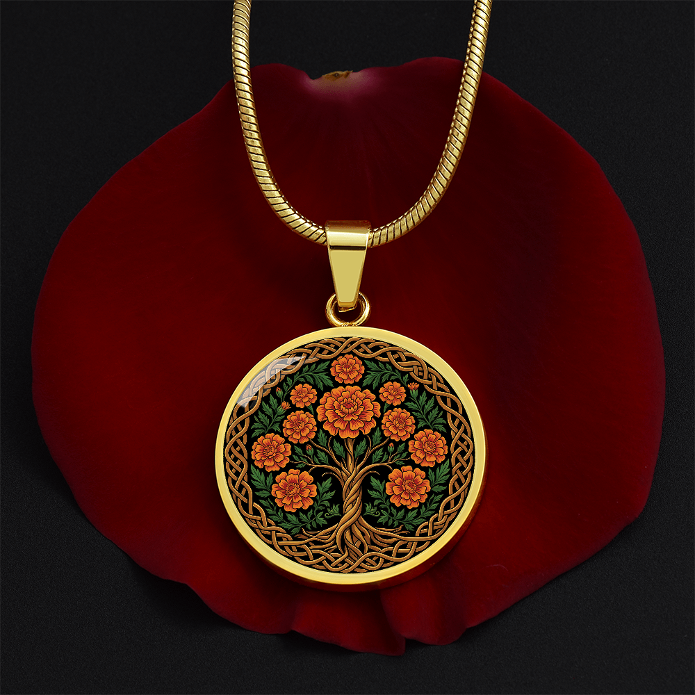 Celtic Tree of Life Pendant Necklace - Marigold October Birth Flower Jewelry