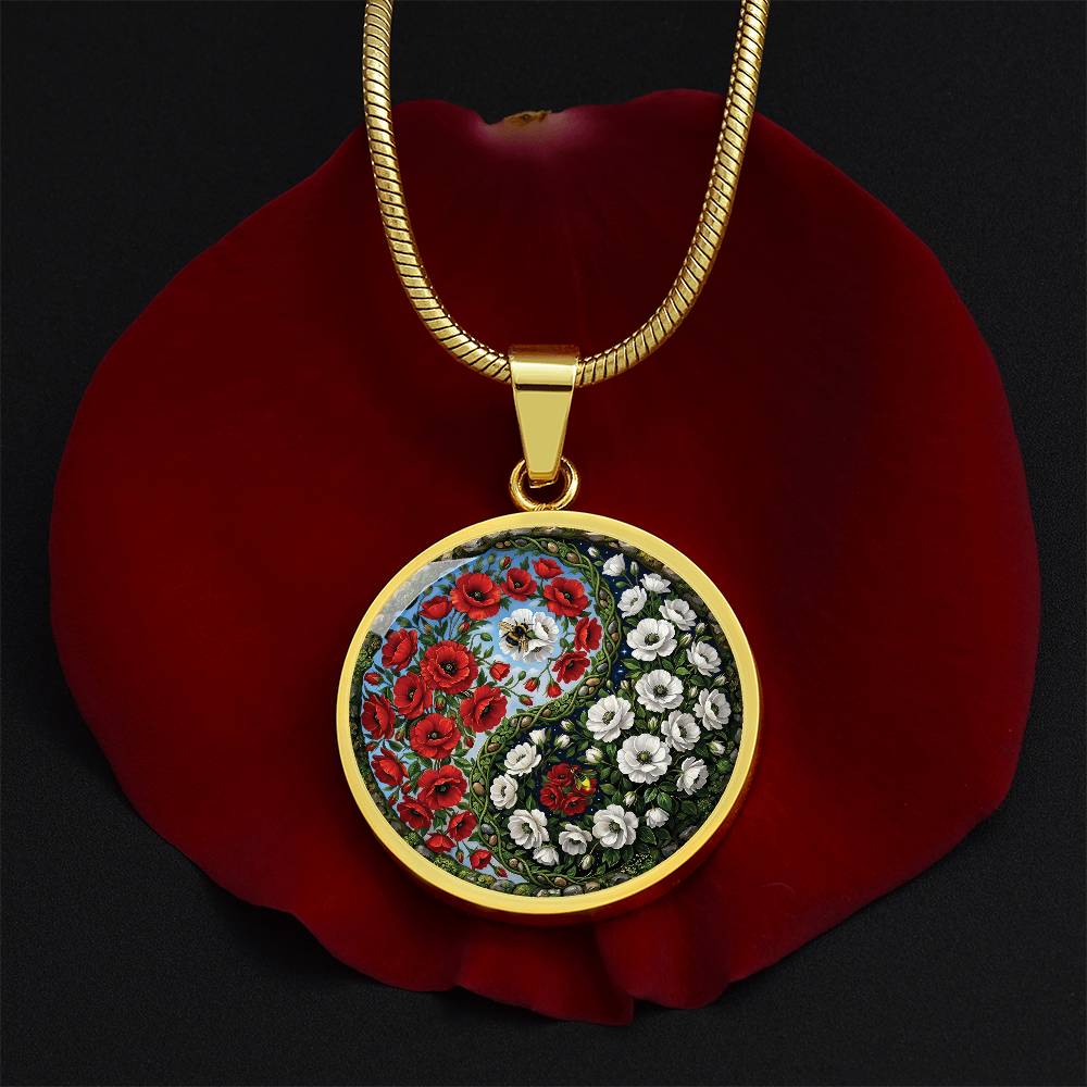 Poppy Yin Yang Necklace - August Birth Month Flower Pendant Jewelry